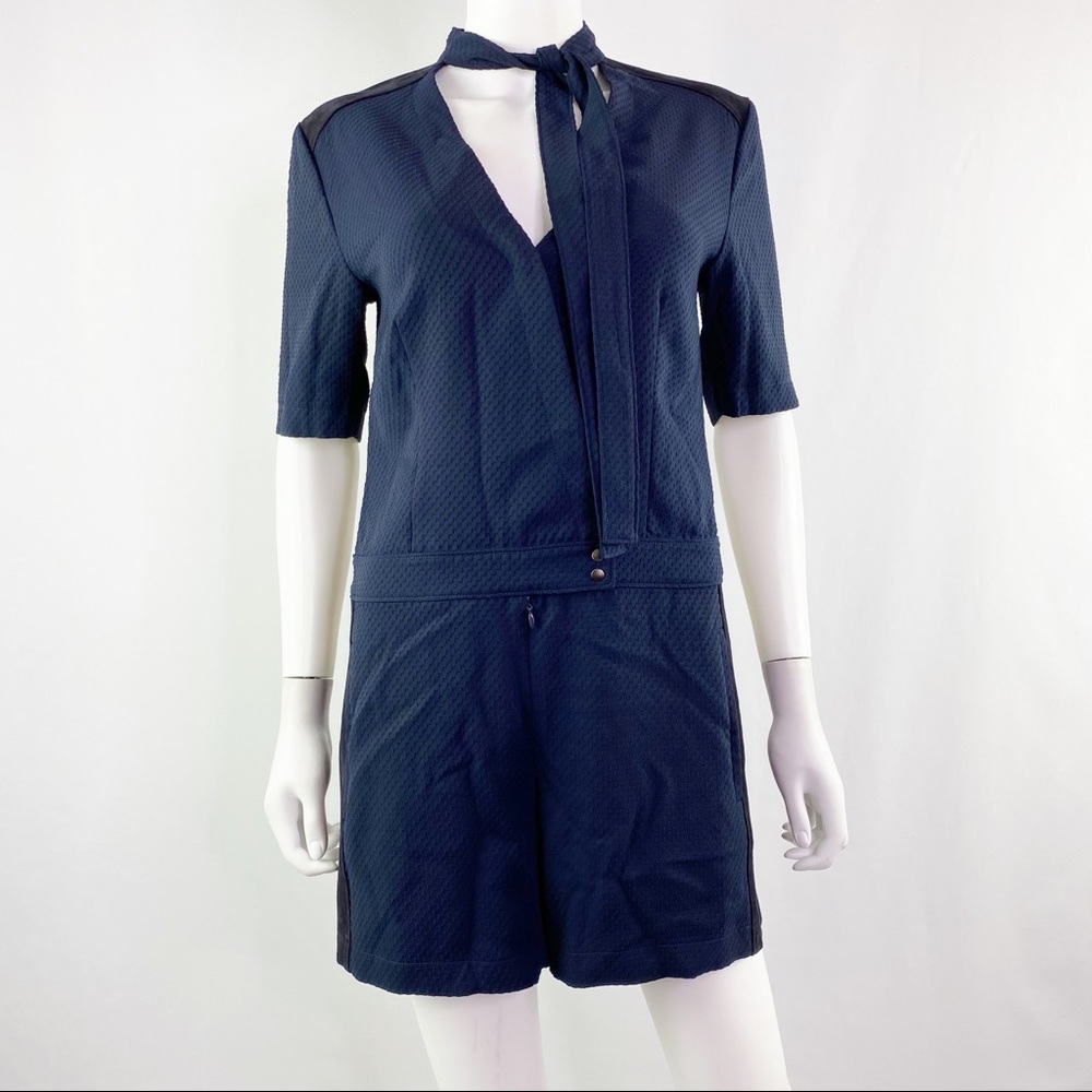 COSETTE Size 2 Navy Blue Short Sleeve Tie Neck Romper with Lamb Suede Panels